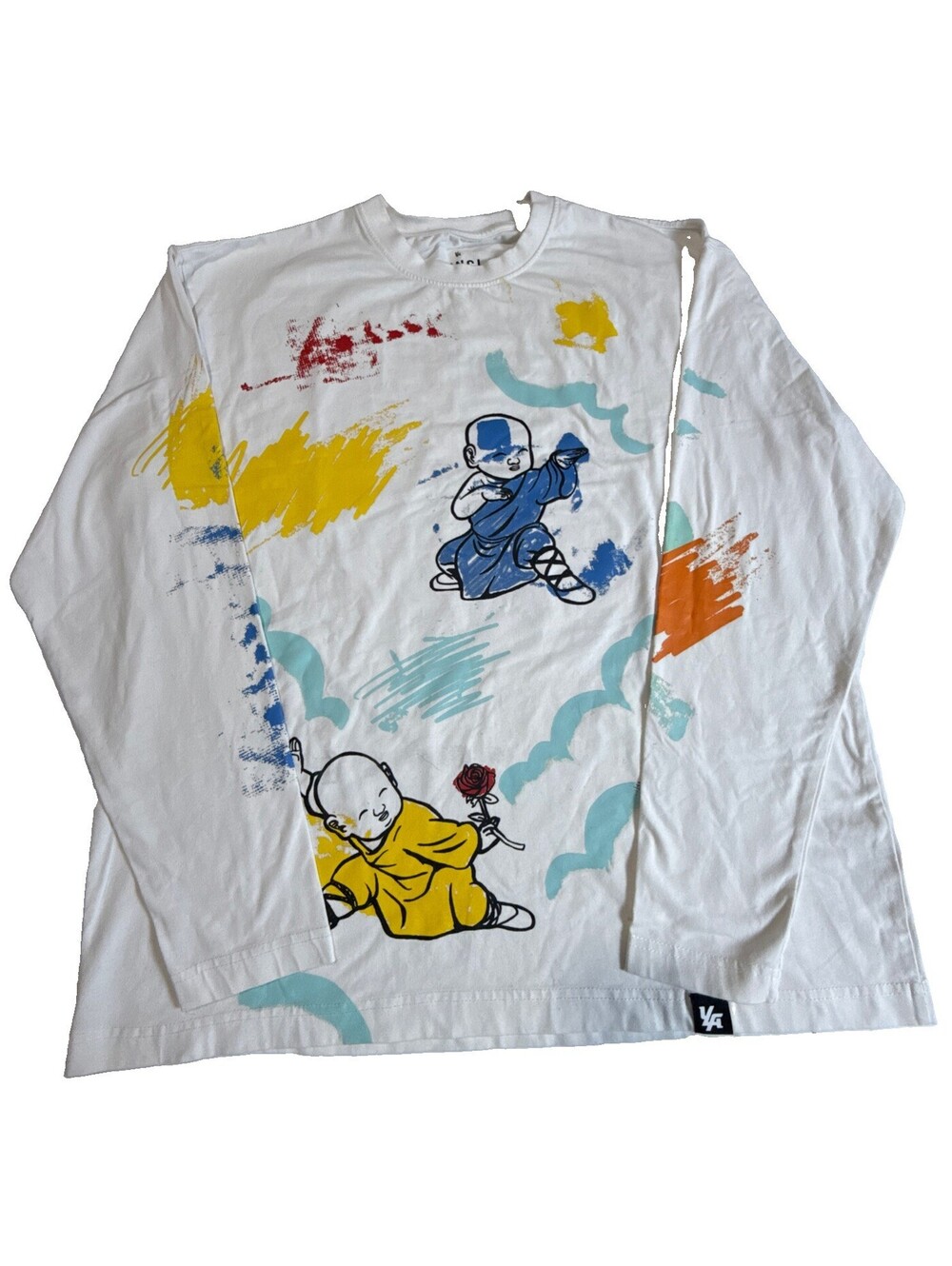 Youngla Men Shirt S White Monk Spray Paint Graphic Logo Long Sleeve Crew Neck